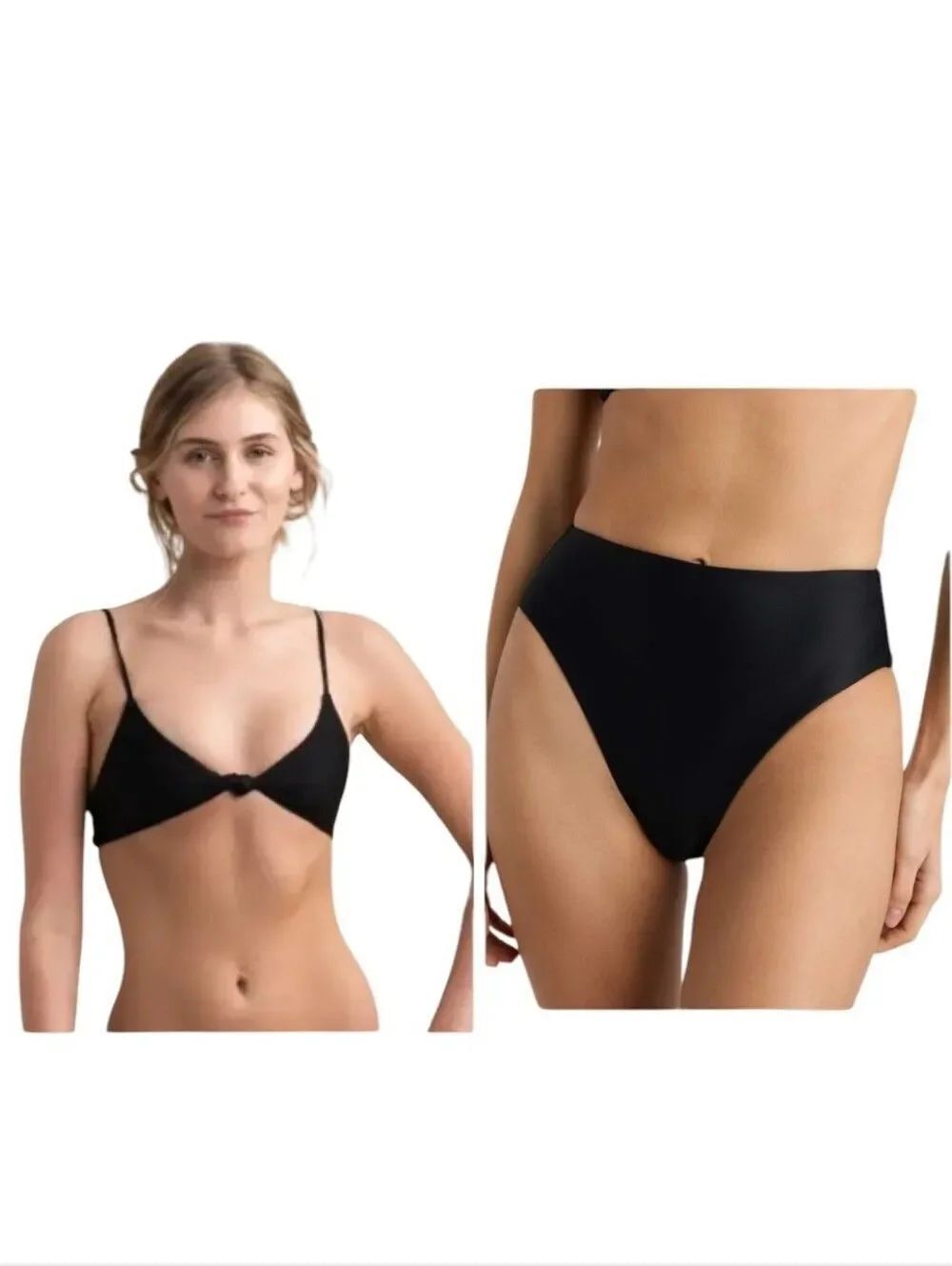 NWT Quince Bikini Set Black Bottom Italian Tie Front Top & High-rise High-leg M